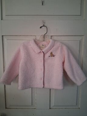 Fuzzy Plush Pink Baby Cardigan Jacket with Classic Pooh Bear Embroidery Sz 18 M